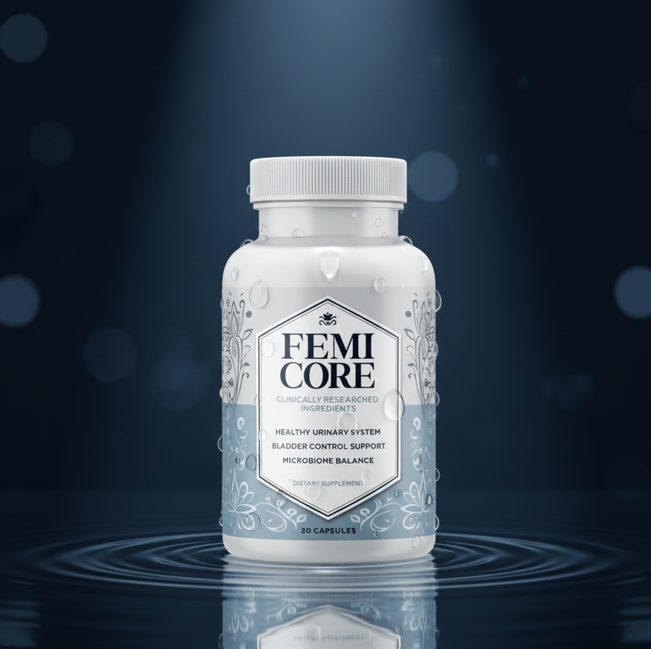FemiCore bladder support supplement bottle, 30 capsules, on a water ripple background