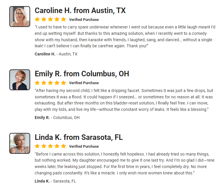 Verified customer reviews from women in Austin, Columbus, and Sarasota describing their bladder support results