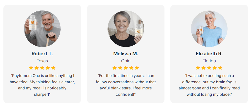 Phytomem One real customer reviews from Robert T. in Texas, Melissa M. in Ohio, and Elizabeth R. in Florida