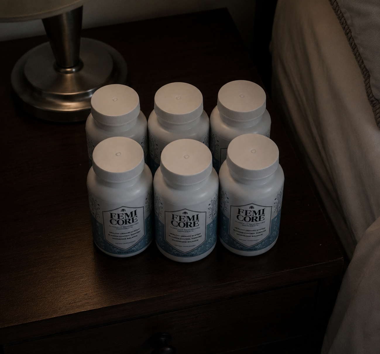 My personal stack of six FemiCore bottles on a bedside table after reordering