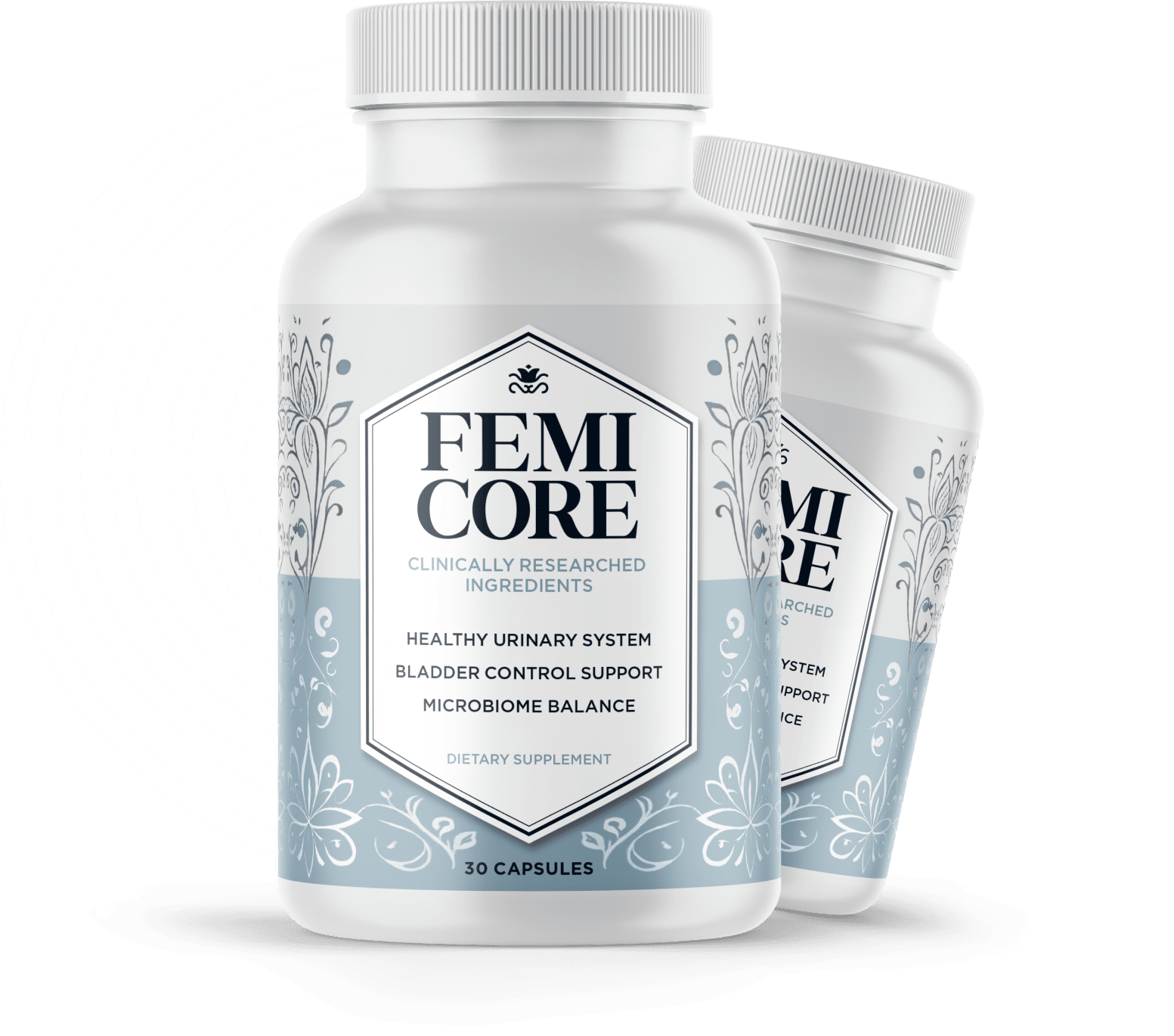 Two FemiCore supplement bottles showing the label claims for healthy urinary system and bladder control support