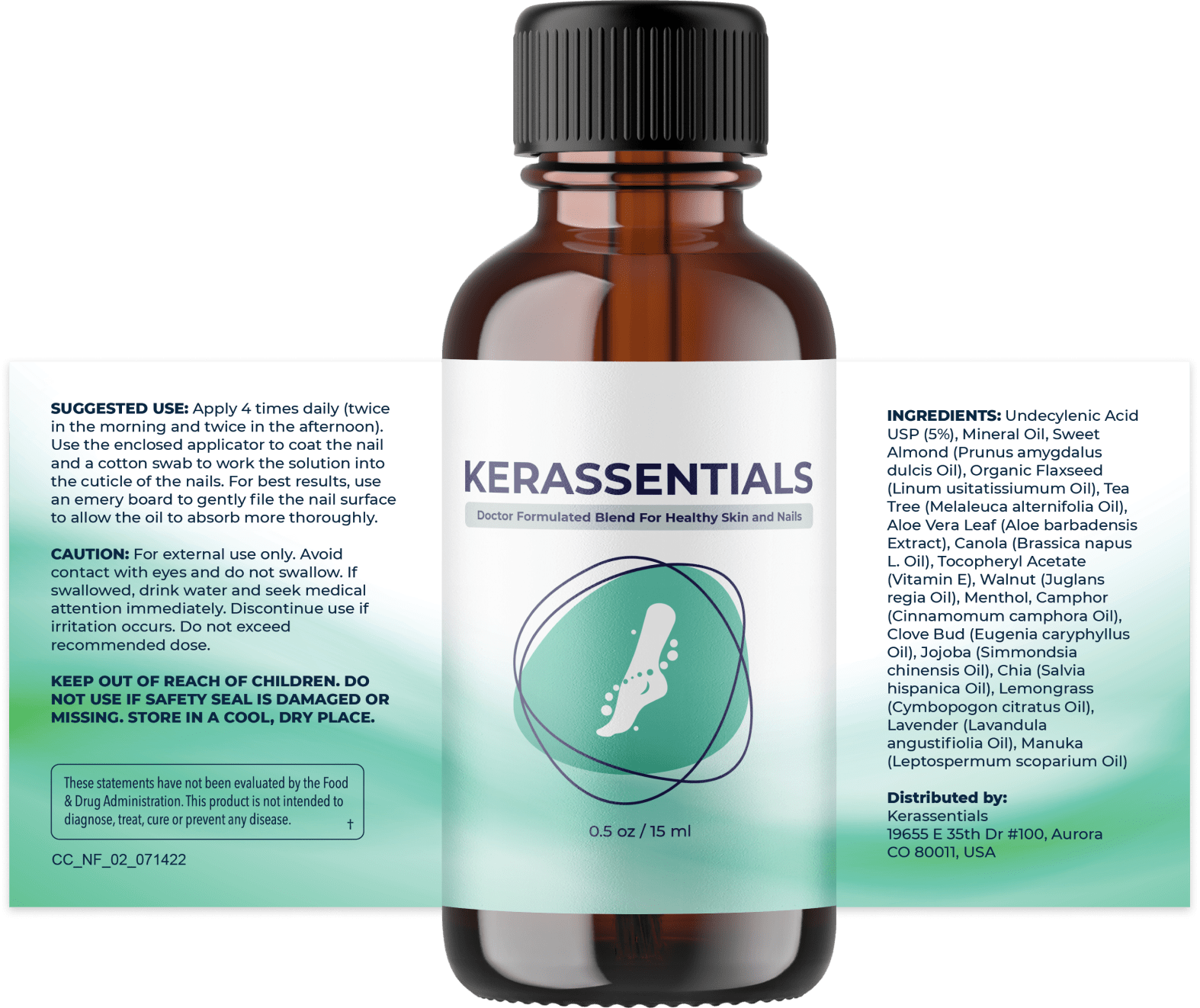 Kerassentials ingredients label listing tea tree oil, aloe vera, vitamin E and undecylenic acid