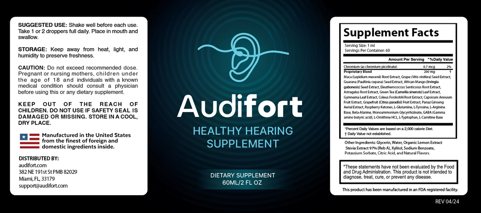 Audifort supplement facts and ingredient label